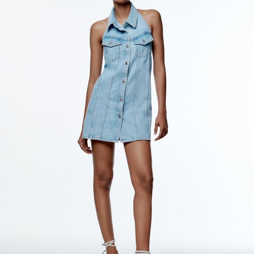 Zara Women's Denim Halter Dress Button Up Collared Light Wash Size Large